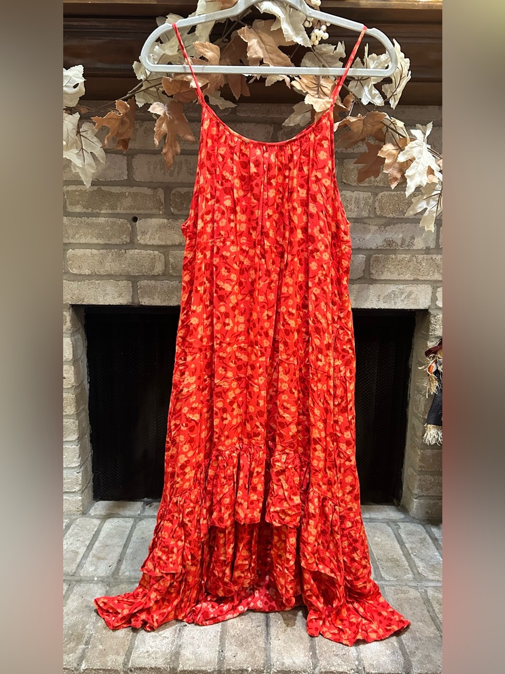 Universal Thread Orange-Red Floral Tiered Maxi Dress EUC